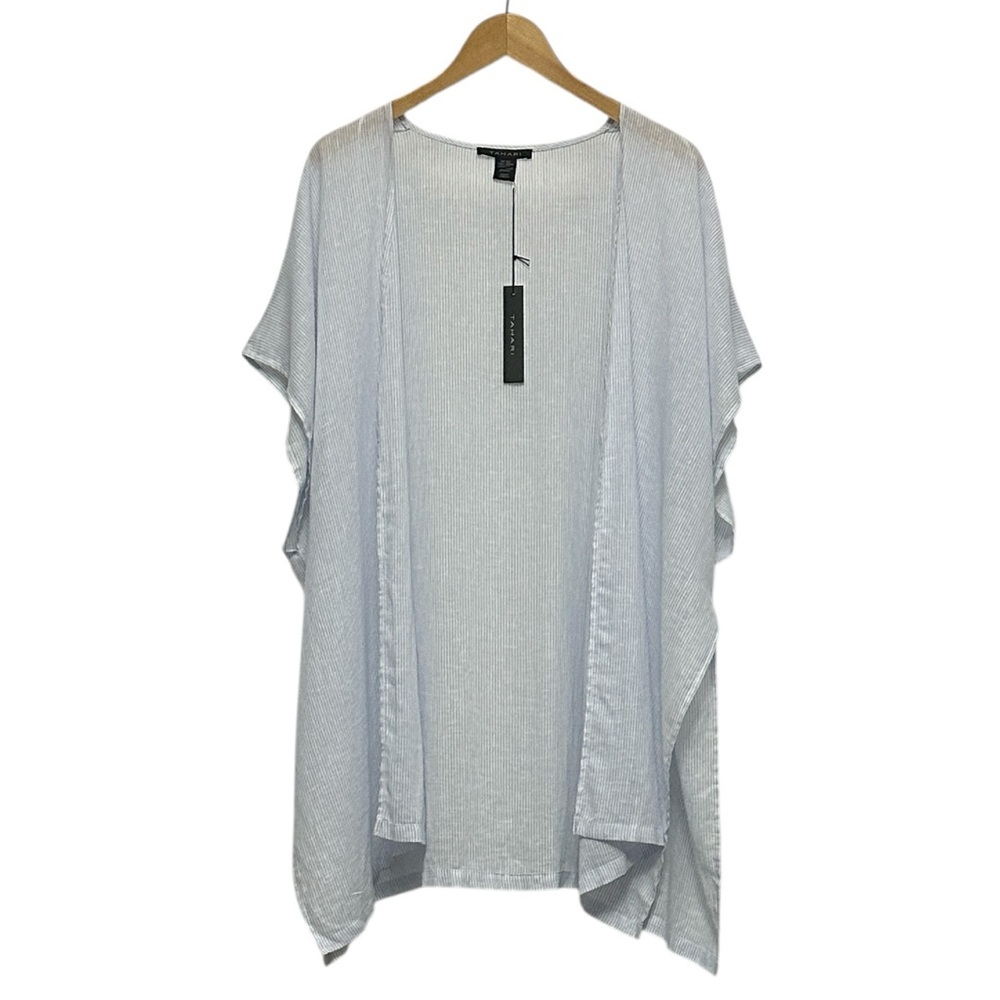 TAHARI Longline Linen Blend Vest Wrap‎ Unstructured Flowy Side Vents Striped OS